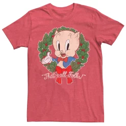 Men's Looney Tunes Christmas Porky Pig That's All Folks Wreath Tee